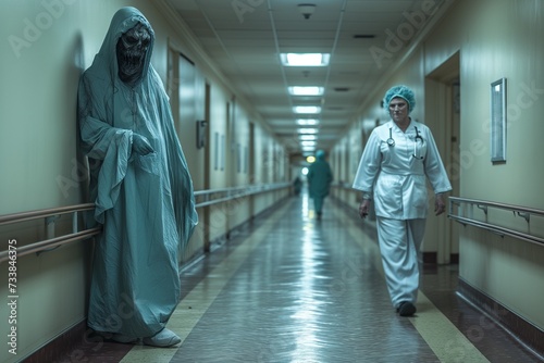 AI generated illustration of a scary monster disguised in hospital gown in a hospital corridor photo
