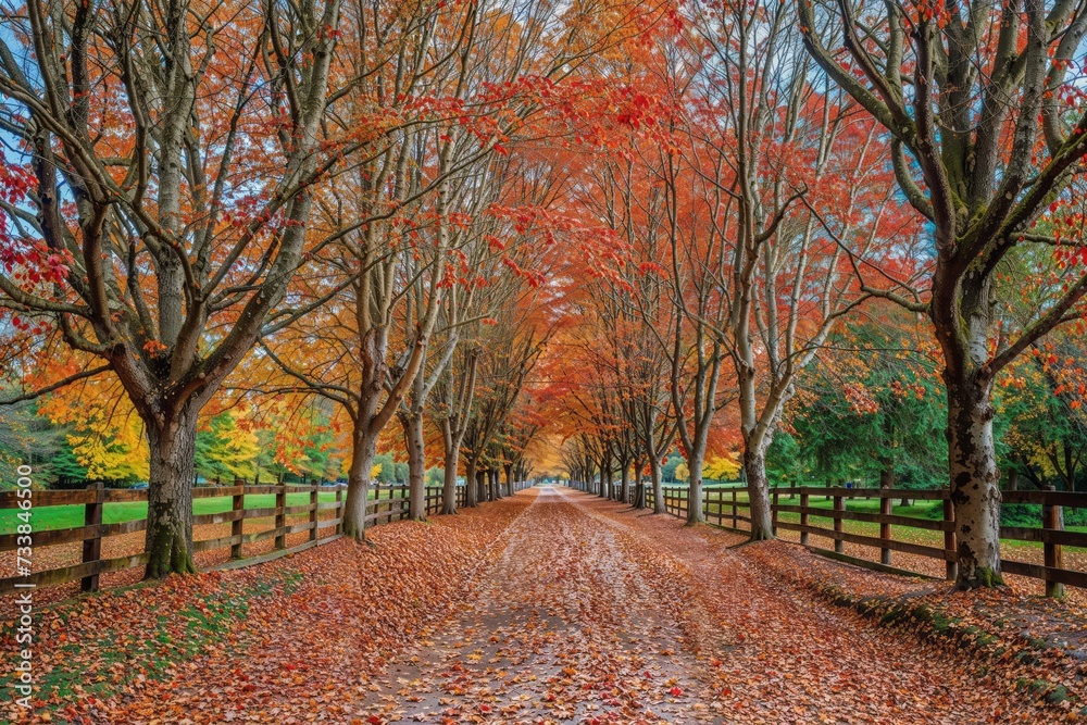 AI generated illustration of a vibrant autumn pathway adorned with a carpet of fallen leaves