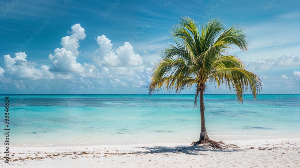 AI generated illustration of a single palm tree on a pristine white sandy beach