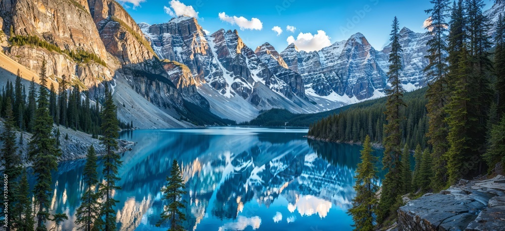 AI generated illustration of a deep blue lake reflects crisply on the water's surface