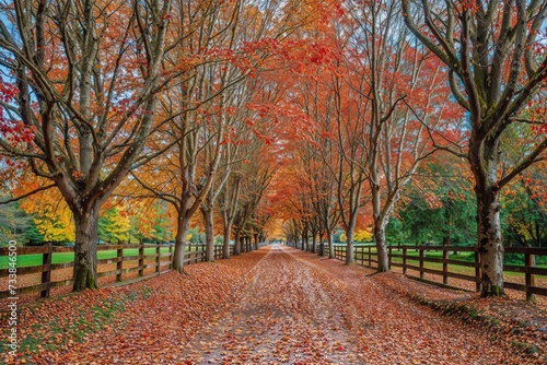AI generated illustration of a vibrant autumn pathway adorned with a carpet of fallen leaves