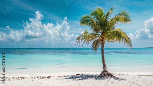 AI generated illustration of a single palm tree on a pristine white sandy beach