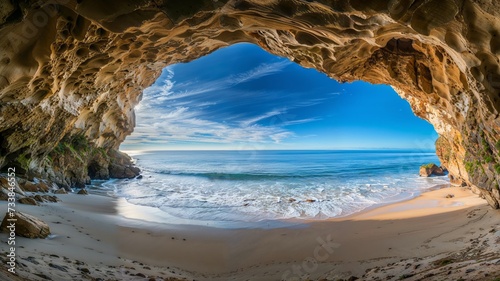 AI generated illustration of a beach cave with an opening overlooking the expansive ocean photo