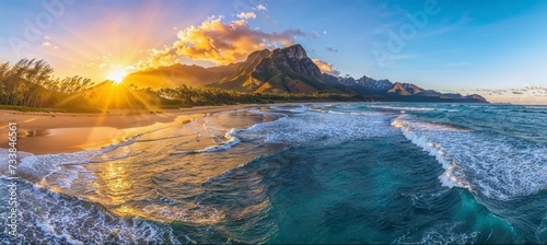 AI generated illustration of a panoramic beach sunrise bursting over the ocean