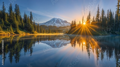 AI generated illustration of a sunrise snowy mountain lake