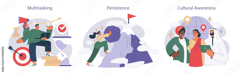 Soft skills set. Portrayal of multitasking, persistence, and cultural awareness with dynamic individuals. Goals and global interaction highlighted. Soft skills set. Portrayal of multitasking, persistence, and cultural awareness with dynamic individuals. Goals and global interaction highlighted.
