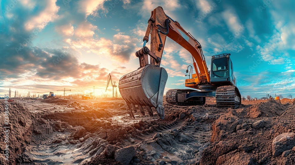 Panoramic image of yellow excavator in a mine at sunrise in the morning. - obrazy, fototapety, plakaty 