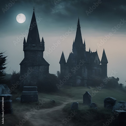 AI generated illustration of gothic stone and graveyards illuminated by a full moon at night