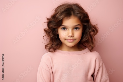 Portrait of a cute little girl with long curly hair on a pink background.
