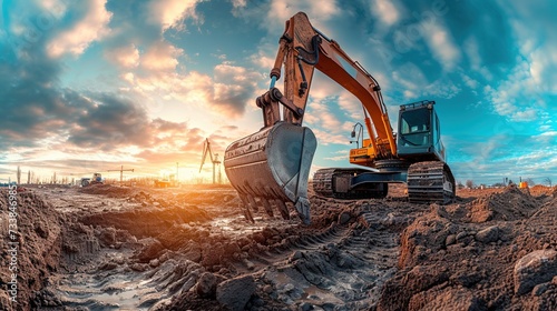 Panoramic image of yellow excavator in a mine at sunrise in the morning. #733846985
