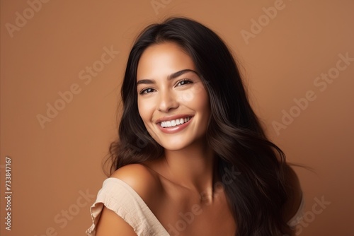 Portrait of a beautiful young asian woman smiling on brown background