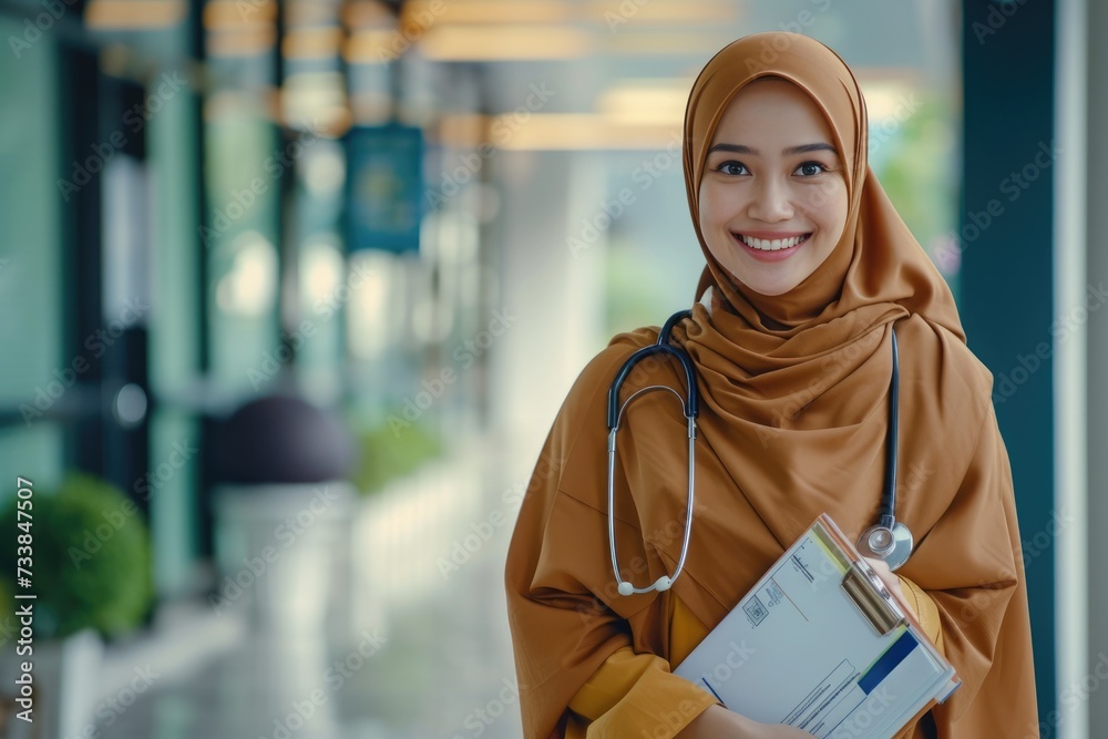 smiling muslim female doctor in brown hijab carrying medical records. smiling muslim female doctor in brown hijab carrying medical records.