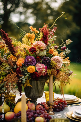 Country life, garden flowers and floral decor, autumnal flower bouquet in vase, country cottage style, generative ai