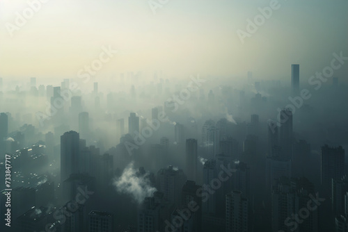 Aerial view of metropolis, a dense haze of pollutants blankets the city air, obscuring the skyline with a thick layer of smog.