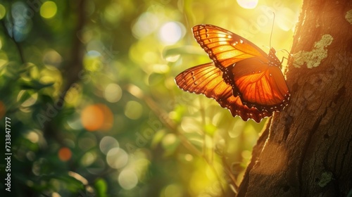 Colorful tropical background. bright orange monarch butterfly on a tree