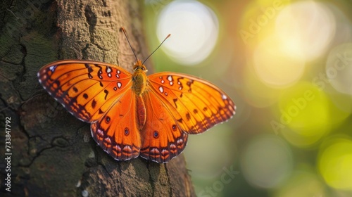 Colorful tropical background. bright orange monarch butterfly on a tree