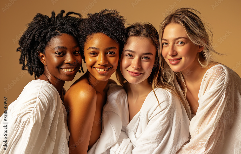 Fototapeta premium Women of different nationalities and races in white clothes together on a monochrome beige background. Diversity concept. Photorealistic. 