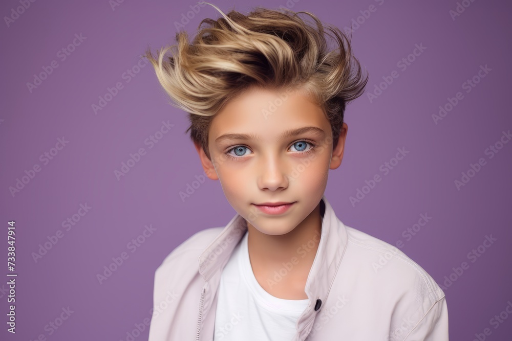 Beautiful young woman with blond hair. Portrait of a girl on a purple background. Beautiful young woman with blond hair. Portrait of a girl on a purple background.