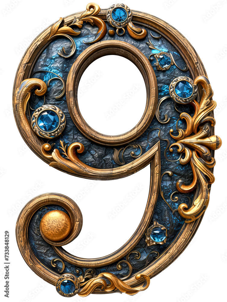 Golden number nine decorated with sapphires isolated on white.