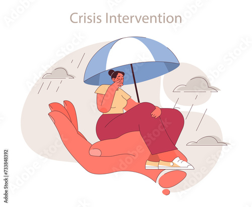 Crisis Intervention concept. A person seeks shelter under an umbrella, a metaphor for emotional support.