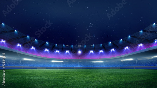 Empty football stadium at dusk with illuminated blue and purple spotlights with crowdy stands under star-studded sky. Concept of sport, championship tournaments 2024, league, match, win. Ad photo