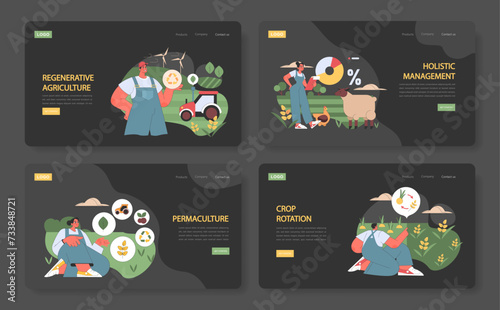 Regenerative Agriculture framework set. Illustrating holistic management, permaculture principles, and effective crop rotation for farm ecosystems. Sustainable agricultural practices.