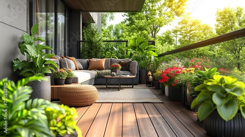 Nice modern patio with wood decking, which is outdoor furniture, and placed flowers, Generative AI. photo