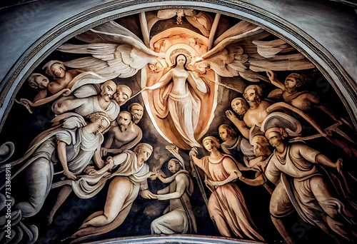 DOMODOSSOLA, ITALY - JULY 19, 2022: The fresco of Souls in the Purgatory in church Chiesa dei Santi Gervasio e Protasio by Lorenzo Peretti from (1774 - 1851). Generative AI photo
