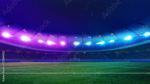 Football field, empty soccer stadium with green grass illuminated with colorful spotlight at night with starry clear sky. Concept of sport, championship tournaments 2024, league, match, win. Ad © Lustre