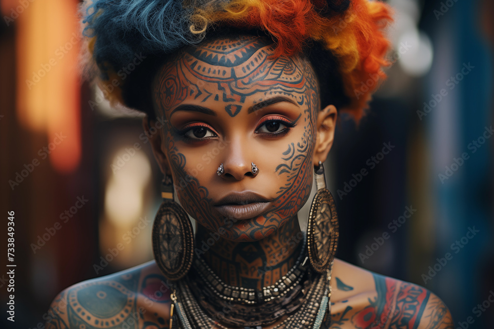Tribal tattoo. An intense close-up of a young woman adorned with detailed tribal tattoo patterns and traditional jewelry, exuding a strong cultural presence. Tribal tattoo. An intense close-up of a young woman adorned with detailed tribal tattoo patterns and traditional jewelry, exuding a strong cultural presence.