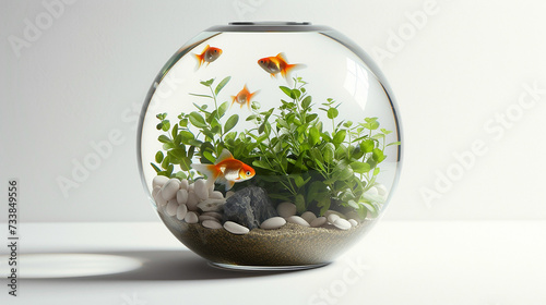 Beautiful bright small goldfish in round glass aquarium isolated on white. Made with generative ai photo