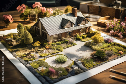 Miniature model of a house with landscaping in the background