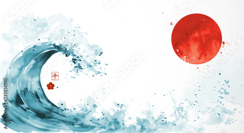 Ink wash painting of the blue wave and big red sun. Traditional oriental ink painting sumi-e, u-sin, go-hua. Translation of hieroglyph - spirit.