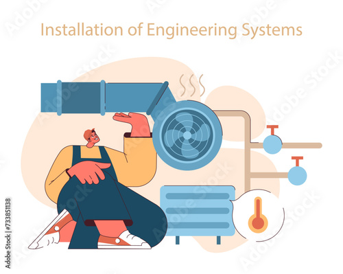 Installation of engineering systems concept. A professional engineer adjusts HVAC equipment, ensuring optimal indoor climate control. Flat vector illustration
