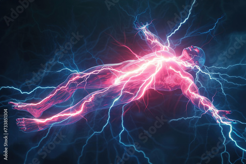 A man gets an electric shock, electricity courses through a body causing intense muscle contractions.