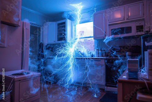 In a kitchen, a person manipulate wires, a surge of electricity surges through his body. The room is illuminated by a bluish flash and volt arcs.