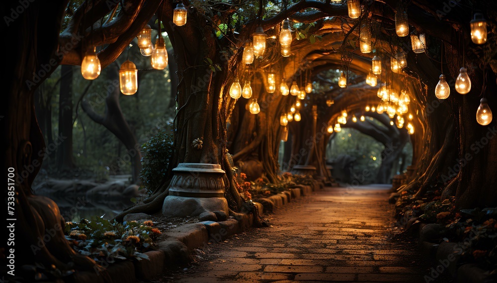 night in the park. Golden fairy lights hanging from trees on a street during night walk. Pebble street surrounded by trees and hanging lamps. Golden light shining the way