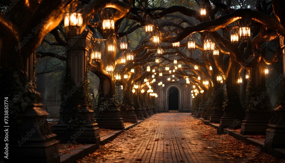 Obraz premium Golden fairy lights hanging from trees on a street during night walk. Pebble street surrounded by trees and hanging lamps. Golden light shining the way