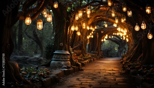 night in the park. Golden fairy lights hanging from trees on a street during night walk. Pebble street surrounded by trees and hanging lamps. Golden light shining the way
