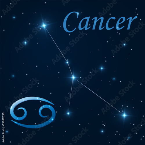 Cancer constellation with stars, zodiac sign on starry sky. Astronomy, astrology, horoscope. Science banner. Cosmos, outer space. Fourth zodiac sign - the ruler planet Moon. Vector illustration