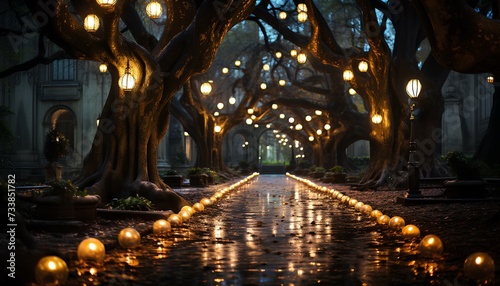 Golden fairy lights hanging from trees on a street during night walk. Pebble street surrounded by trees and hanging lamps. Golden light shining the way