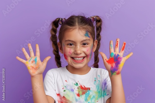 A beautiful little girl stained in multicolored paints having fun smiling on a purple background