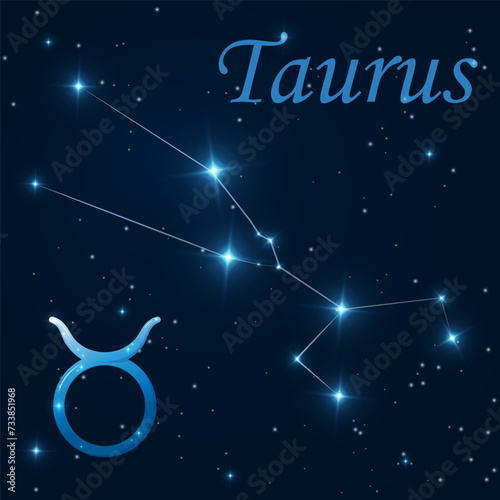 Taurus constellation with stars, zodiac sign on starry sky. Astronomy, astrology, horoscope. Science banner. Cosmos, outer space. Second zodiac sign - the ruler planet Venus. Vector illustration