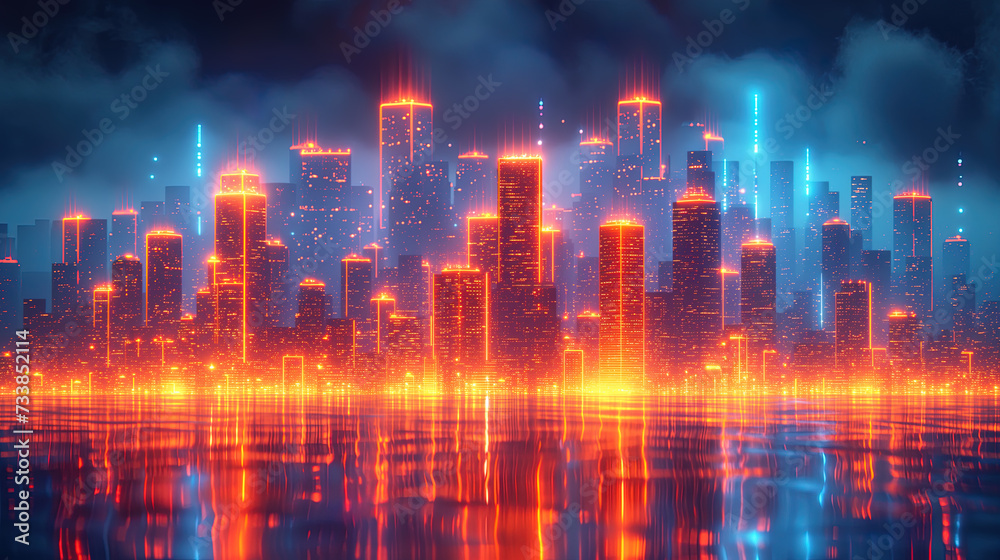 Creative neon cyberspace cityscape with shining orange and blue lights wallpaper background