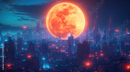 Big beautiful orange moon behind the futuristic cityscape at night with bright lights wallpaper background