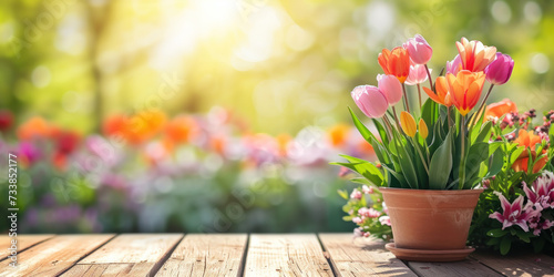 Wooden Table With Potted Plant Filled With Flowers