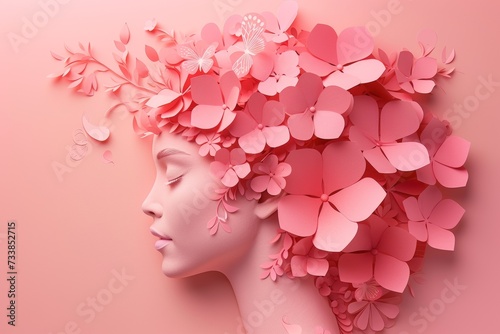 Profile woman with a Blossoming Paper Flower Crown on a Pastel Pink Background © Viktoriia