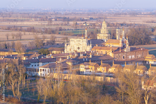 Aerial shot of Certosa di Pavia cathedral a historical monumental complex that includes a monastery and a sanctuary. Pavia ,Italy.