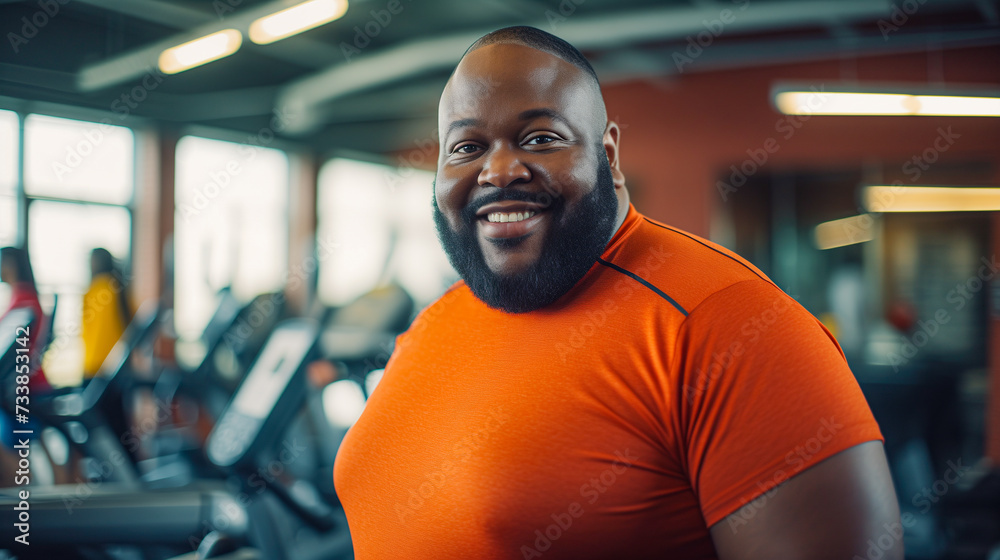 Overweight black man in the gym, training to get fit. Made with artificial intelligence Overweight black man in the gym, training to get fit. Made with artificial intelligence