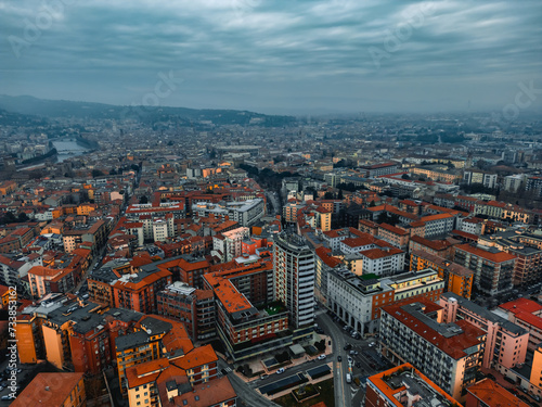 Aerial Photography of Verona city. Urban skyline, historical city centre, red tiled roofs, Veneto Region, Italy